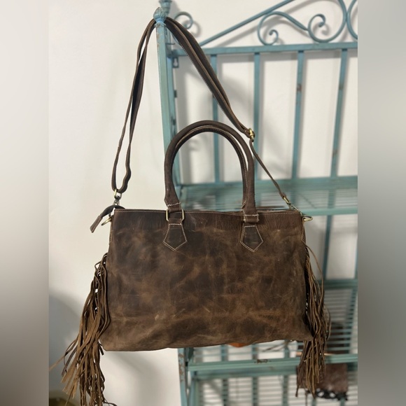 New Fall Western Genuine Ostrich Embossed Leather Rustic Crazy Horse Bag Fringe - Picture 5 of 16